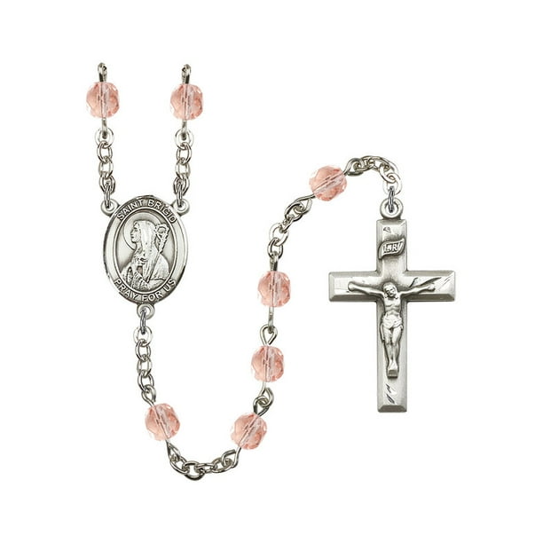 Silver Plate Rosary Bracelet features 6mm Pink Fire Polished beads The Crucifix measures 5/8 x 1/4 The charm features a St Brigid of Ireland medal. 